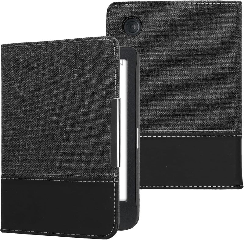 kwmobile Case Compatible with Kobo Clara BW/Colour - PU Leather and Canvas e-Reader Cover - Anthracite/Black - Image 5